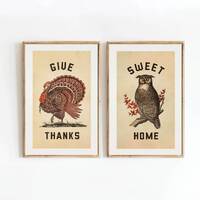 Thanksgiving Art Prints Turkey + Owl Set of 2 Thanksgiving Posters Rustic Thanksgiving Gift for Farm
