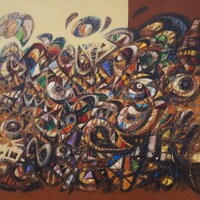 Owl's Dream (28.7x35.8in oil/canvas, ready to hang) Abstract Expressionist Art, Vivid Colors and
