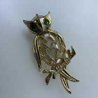 Vintage Pin Brooch Gold Toned Owl On Branch With Faux MOP And Green Rhinestones Used