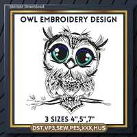 Elegant Mystic Owl Embroidery Design, Monochrome Wisdom Emblem for Dark Fabrics, Night Forest Bird, 