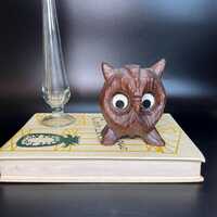 Vintage 1970s Googly Eye Owl Figurine: Brown Wood Composite Kitsch Decor