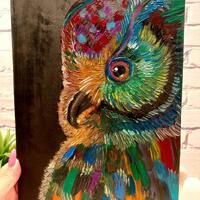 Pop Art Owl Painting: Impasto Oil Painting on Black