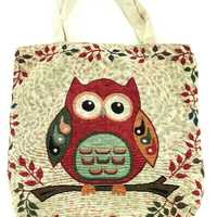 OWL Canvas Hobo Large Tote Bag With Zipper Multicolored Satchel Purse