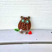 Owl Brooch, Vintage Hand Crafted Wool Felted W/Zipper Trim By Wooly Fabulous, Bird/Nature Lover Fash