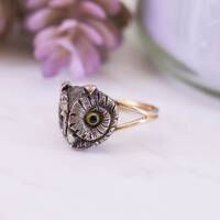 Antique Owl Ring of 10k Gold and Silver