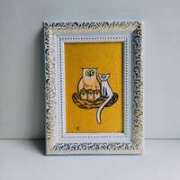 Original Acrylic Owl and Cat Painting: Golden Framed Art