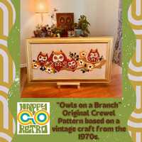 Vintage Inspired Crewel Embroidery / Crewel / Owl Crewel / Crewel Pattern / Mod Crewel /Owls on a Br