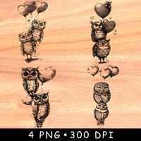 Owl Valentine PNG Bundle, Love Owl Laser Engraving Design, Romantic Woodland Wall Art, Coaster Chopp