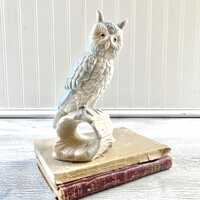 Vintage Porcelain Owl on Log Figurine - Blue Gray Neutral Woodland Decor