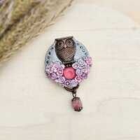 Handmade Polymer Clay Light Pink Brooch With Owl, Flowers, Crystal, Strawberry quartz  and Heart on 