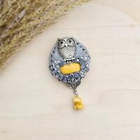 Handmade Polymer Clay Brooch With Baltic Amber, Owl, Flowers, Crystal, Agate and Heart on reverse