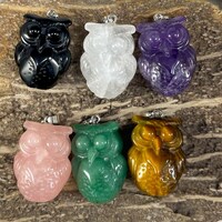 Owl, Carved Gemstone Pendants, 23x30mm , Amethyst, Onyx, Crystal Quartz, Green Aventurine, Rose Quar