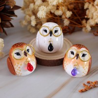 Mini owl with glasses, handmade polymer clay figurine with stylish pearl, cute bird lucky charm deco