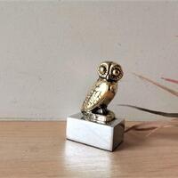Brass owl sculpture, greek folk art sculpture of owl on aluminum base, museum copy, greek owl figuri