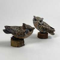 Vintage Owl Figurine Wooden Hand Carved Painted Bird Sculptures SET of 2 Woodland Horn Owl Figurines