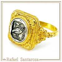 Tetradrachm Owl ring oxidized sterling silver coin in 18 karat gold filled filigree decorated square
