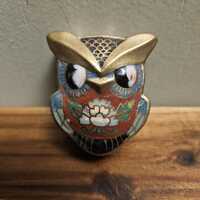 Vintage MCM Hand Painted Enamel Cloisonné Owl Brass Pill / Container /Trinket Box with Lid - 