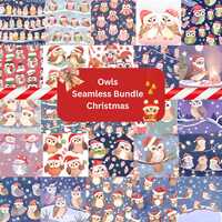 Owls Seamless Bundle Christmas Digital Paper, Printable Scrapbook Seamless Textures Digital Instant 