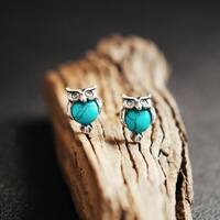 Turquoise earrings. Small owl bird. Delicate jewelry studs. Real silver 925 and natural turquoise. M