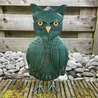 Forest green & gold whimsical tin owl sculpture candle holder/lantern for indoor or outdoor