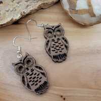 Handmade Walnut Wood Owl Earrings: Lightweight Boho Dangle Jewelry
