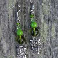 Silver Owl Charm Earrings with  Green Glass Beads