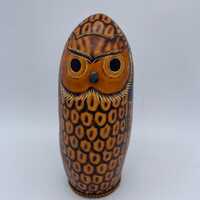 Vintage Handmade Owl Gourd Folk Art Shaker Drum Brown & Black Bird Peru