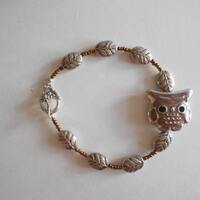 Beige Owl Bracelet Enamel Owl Focal Leaves Bracelet Beige Seed Beads Silver Tone Metal Leaves Leaf B