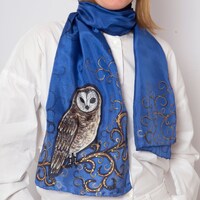 Owl Scarf Hand Painted Silk Scarf Owl Shawl Ombre Blue Silk Scarf Bird Scarf Pure Silk Scarf Owl Pri