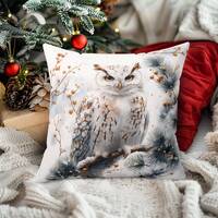 Magical Christmas Owl Throw Pillow with cover, White Owl with Gold Accents on White Background, Wint