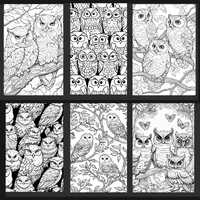 Set of 6 Coloring Book Pages of Owl Art Fun Creative Art
