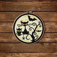 Spooky Halloween Cross Stitch Pattern: Cat, Owl, Bats (Digital Download)