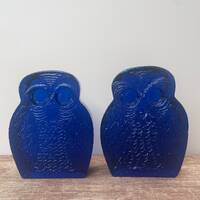 Cobalt Blue Blenko Owl Bookends - GORGEOUS