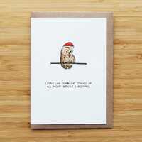 Owl Christmas Card - Santa Hat - Too Excited - Recycled Card