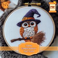 Owl in Witch Hat with Broom. Halloween Embroidery Pattern Template. Embroidery Stitch Guide for begi
