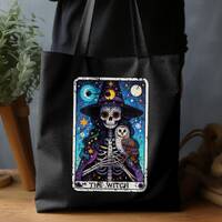 Halloween Witch Tote Bag, Skeleton and Owl Illustration, Spooky Themed Artwork, Witchcraft Gift Tote