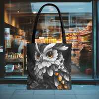 Cute Gray Owl Tote Bag - Owl Grocery Bag - Owl Art Reusable Shopping Bag - Travel Tote Bag - Beach B