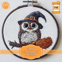 Owl in Witch Hat with Broom. Halloween Embroidery Pattern Template. Embroidery Stitch Guide for begi