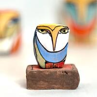 Handmade Clay Owl Sculpture: Colorful Glazed Ceramic Figurine