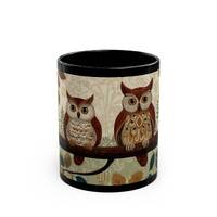 Folk Art Owl Mug | Eastern Screech Owl Pair | Vintage Rustic Nature Mug | Two Owls, Oak Leaves, and 