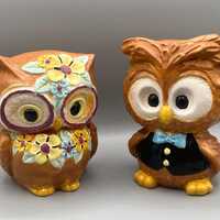 Vintage Hobbyist Ceramic Hand Painted Anthropomorphic Kitsch Owl Figurines - Artist Signed