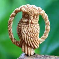 Hand Carved Bone Owl Cabochon Organic Cord Necklace Centerpiece