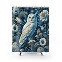 White Owl Shower Curtain William Morris Inspired Barn Owl and Flowers Blue Floral Bathroom Decor Bir