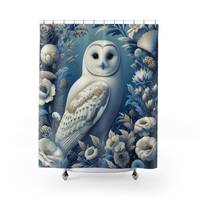 White Owl Shower Curtain William Morris Inspired Barn Owl and Flowers Blue Floral Bathroom Decor Bir