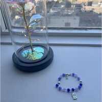 Silver Beaded Wire Bracelet with Owl Charm, Blue and Purple