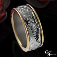 Grooms Sterling & 10K Gold Owl Wedding Band, 2-Tone Owl Tree Bark Handfasting Ring, Mixed Metal 