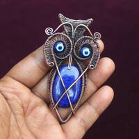 Lapis Lazuli Owl Pendant: Copper Wire Wrapped Gemstone Jewelry
