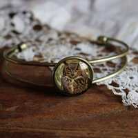 Victorian Owl Cottagecore Cuff Bracelet / Bangle in Antique Brass