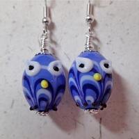 Blue and White Lampwork Glass Owl Bird Earrings  on Silver   Whooo Want  to Come to Your House