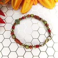Owl Beaded Bracelet: Red Jasper, Czech Glass, Autumnal Jewelry